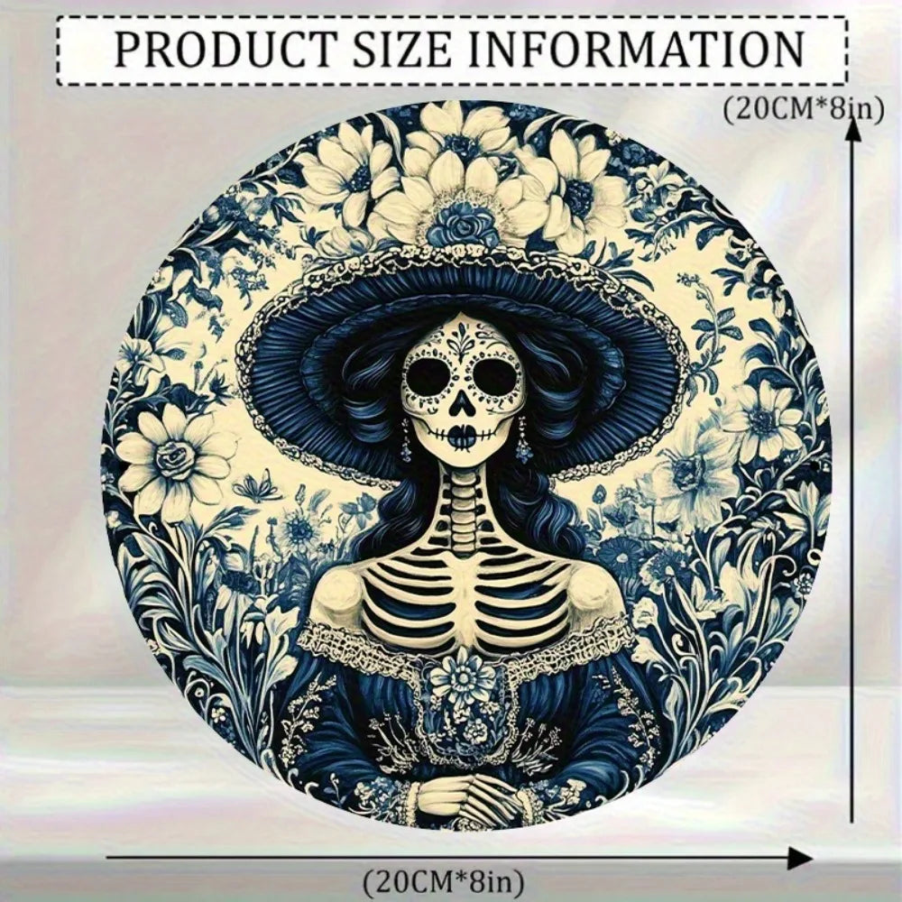 La Catrina 2D Flat Round Aluminum Wall Art , Day of the Dead Theme