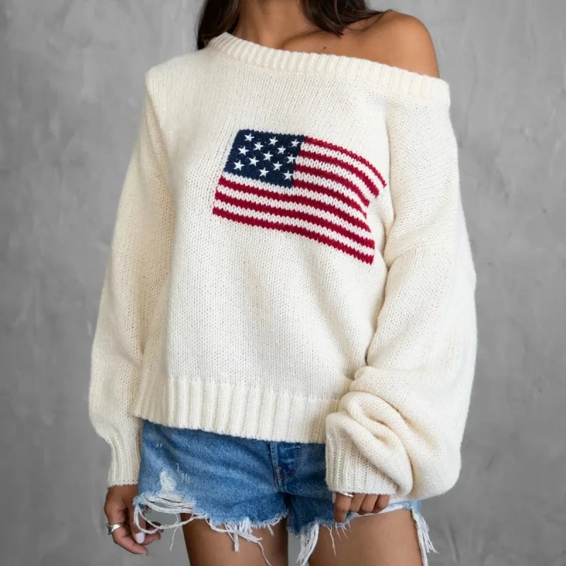 Off the Shoulder American Flag Sweater