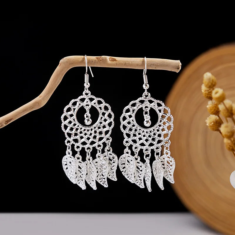 Ethnic Silver Color Long Leaf Dangle Earrings