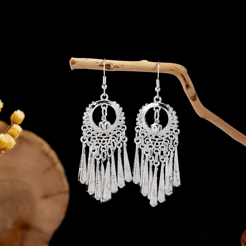 Ethnic Silver Color Long Leaf Dangle Earrings