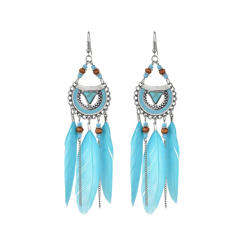 White Semicircle Long Feather Tassel Ladies Earrings