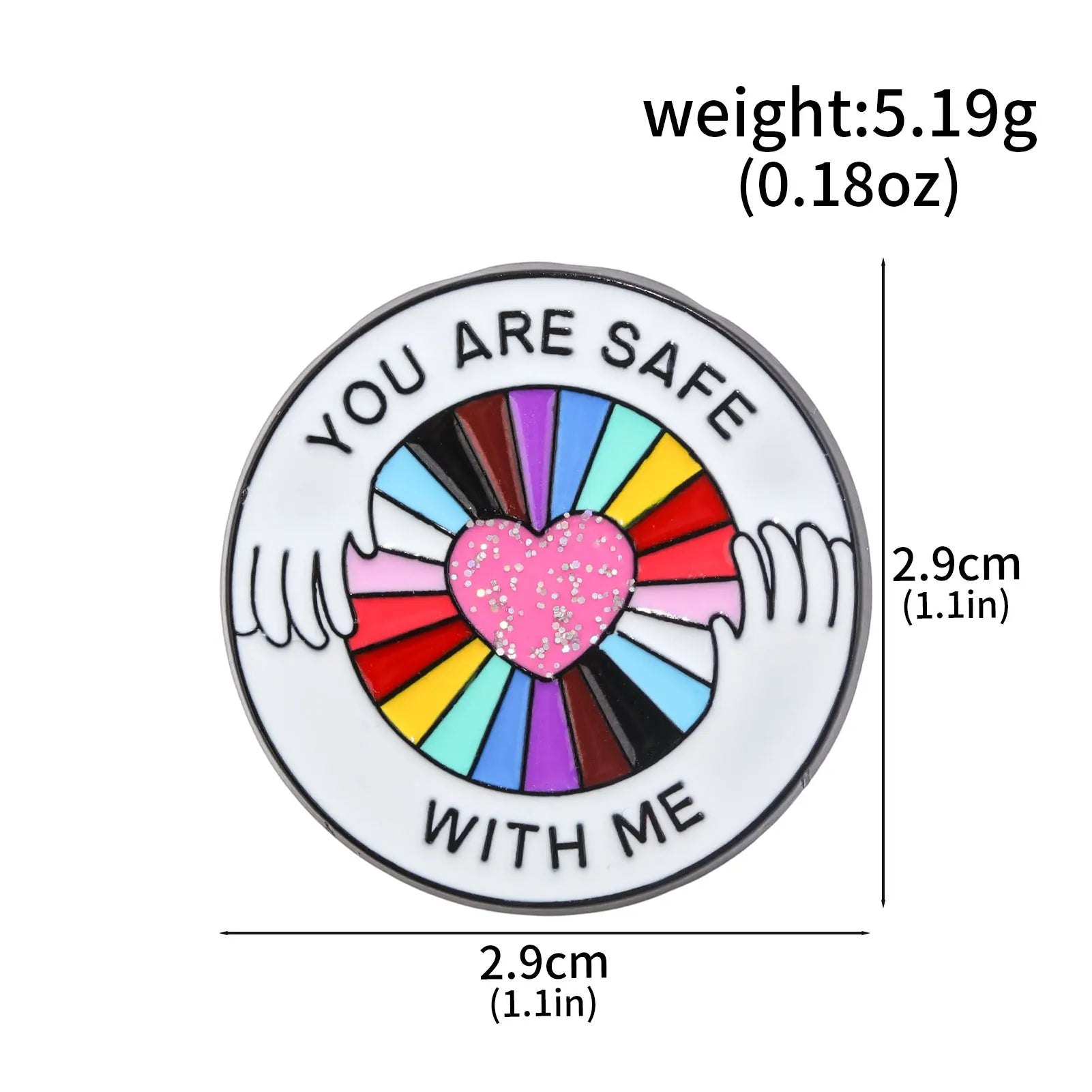 You Are Safe With Me Rainbow Glitter Heart Enamel Pin LGBTQ