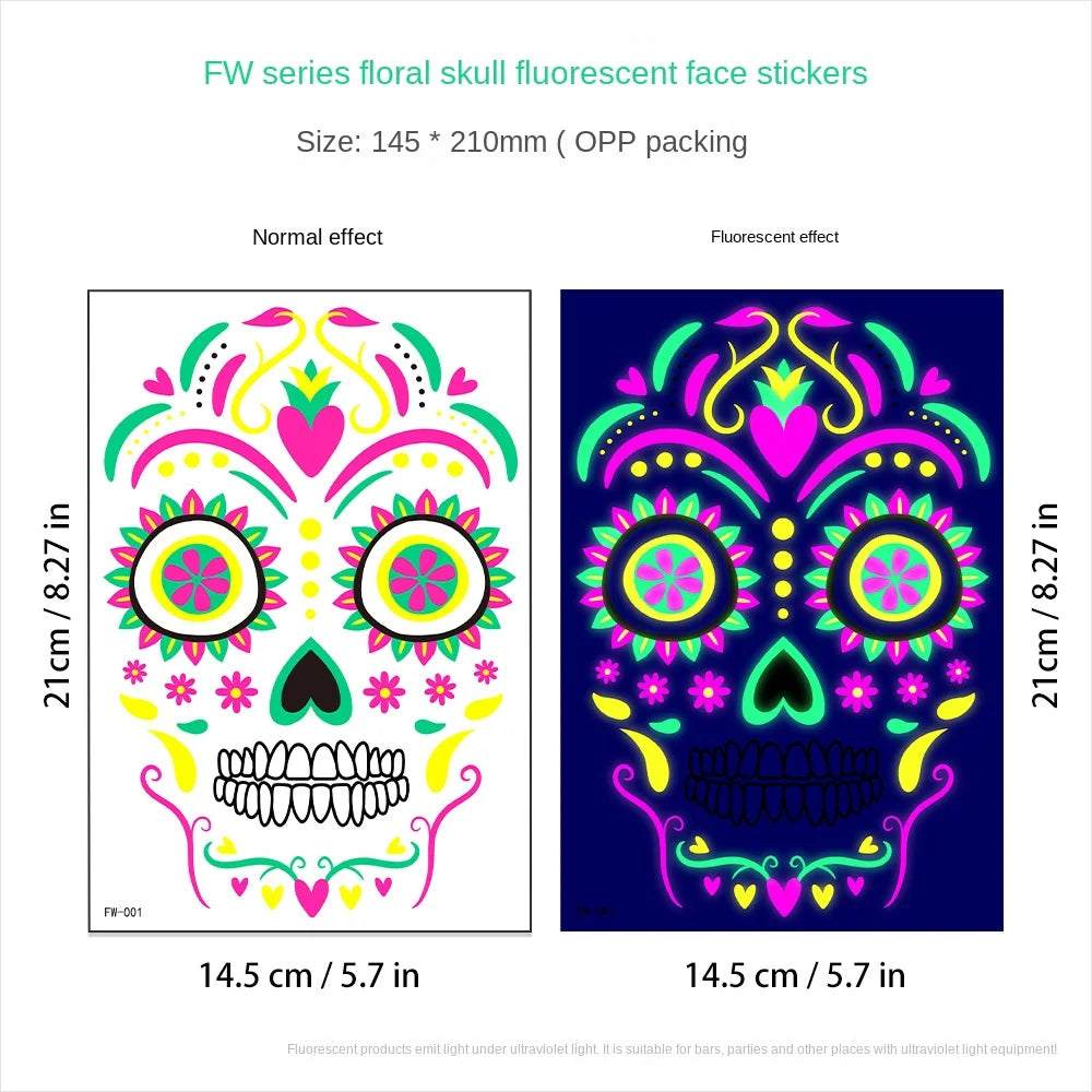 Waterproof Fluorescent Temporary Tattoo Stickers Day of the Dead