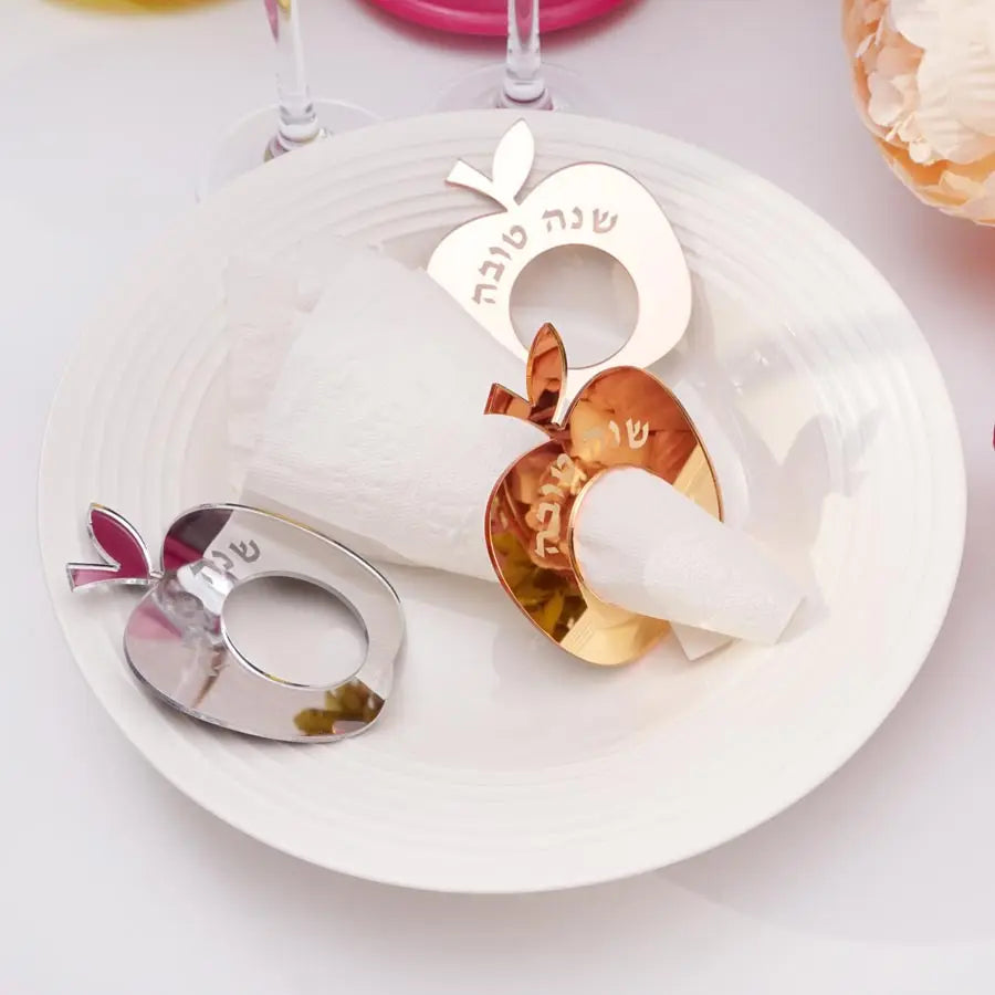 12/48PCS Mirror Acrylic Apple Napkin Rings with Hebrew Letters
