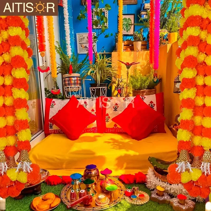 Artificial Marigold Flower Wreath for Diwali, and Mexican Day of The Dead Party Decoration