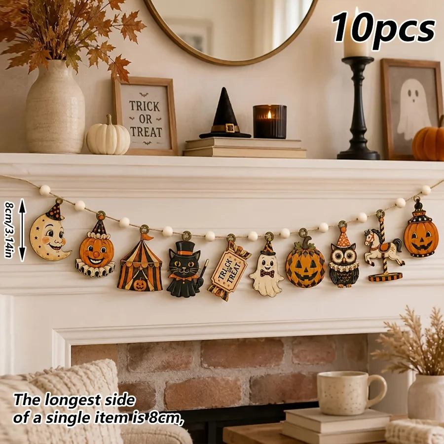10Pcs Vintage Halloween Wooden Garland