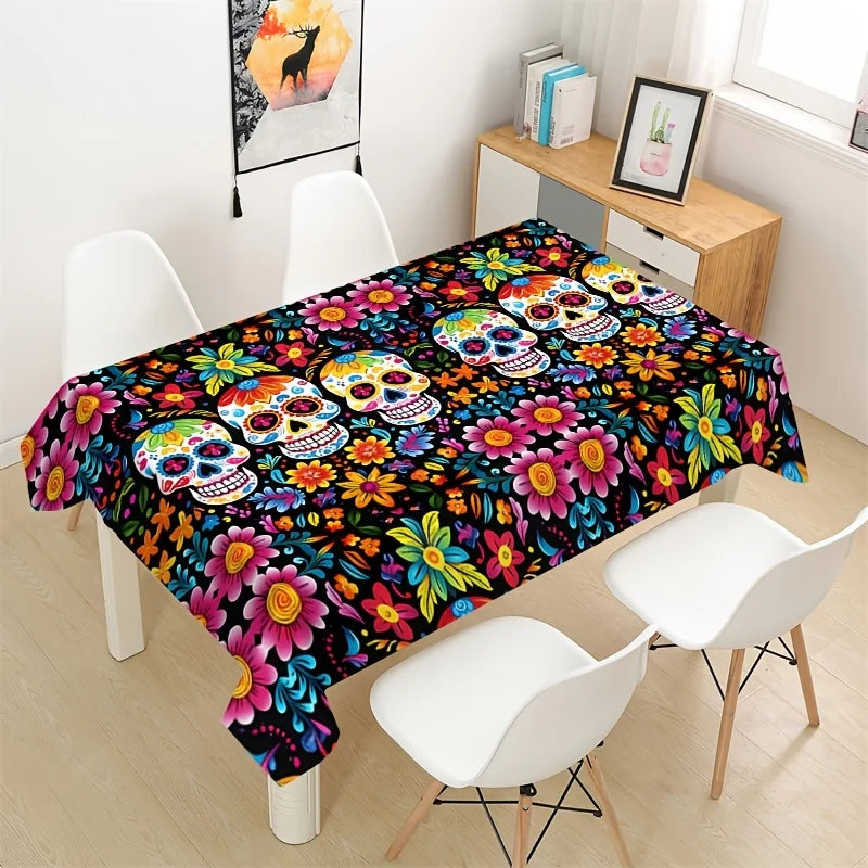 Mexican Day of The Dead Skull Flower Waterproof Tablecloth