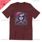 Skull T-Shirt La Catrina Girl with Purple Roses Dia De Los Muertos Day of The Dead