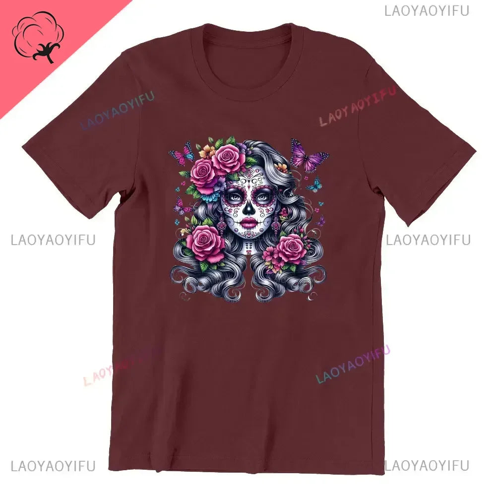 Skull T-Shirt La Catrina Girl with Purple Roses Dia De Los Muertos Day of The Dead