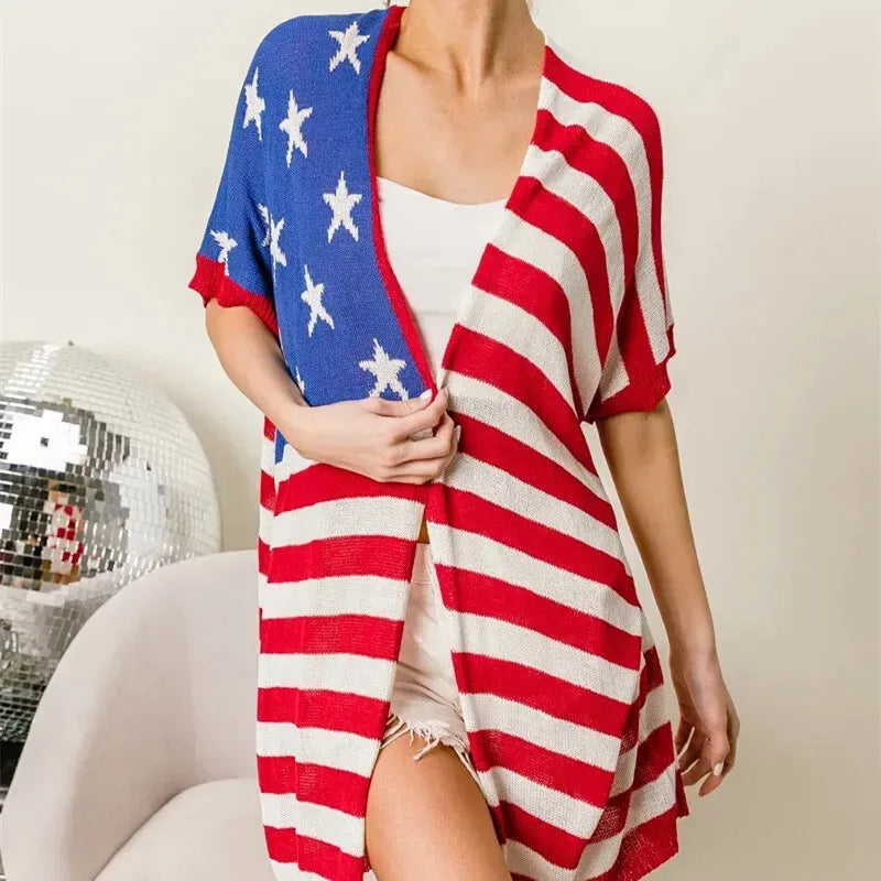 American Flag Star Cover Up Casual Kimono Outerwear