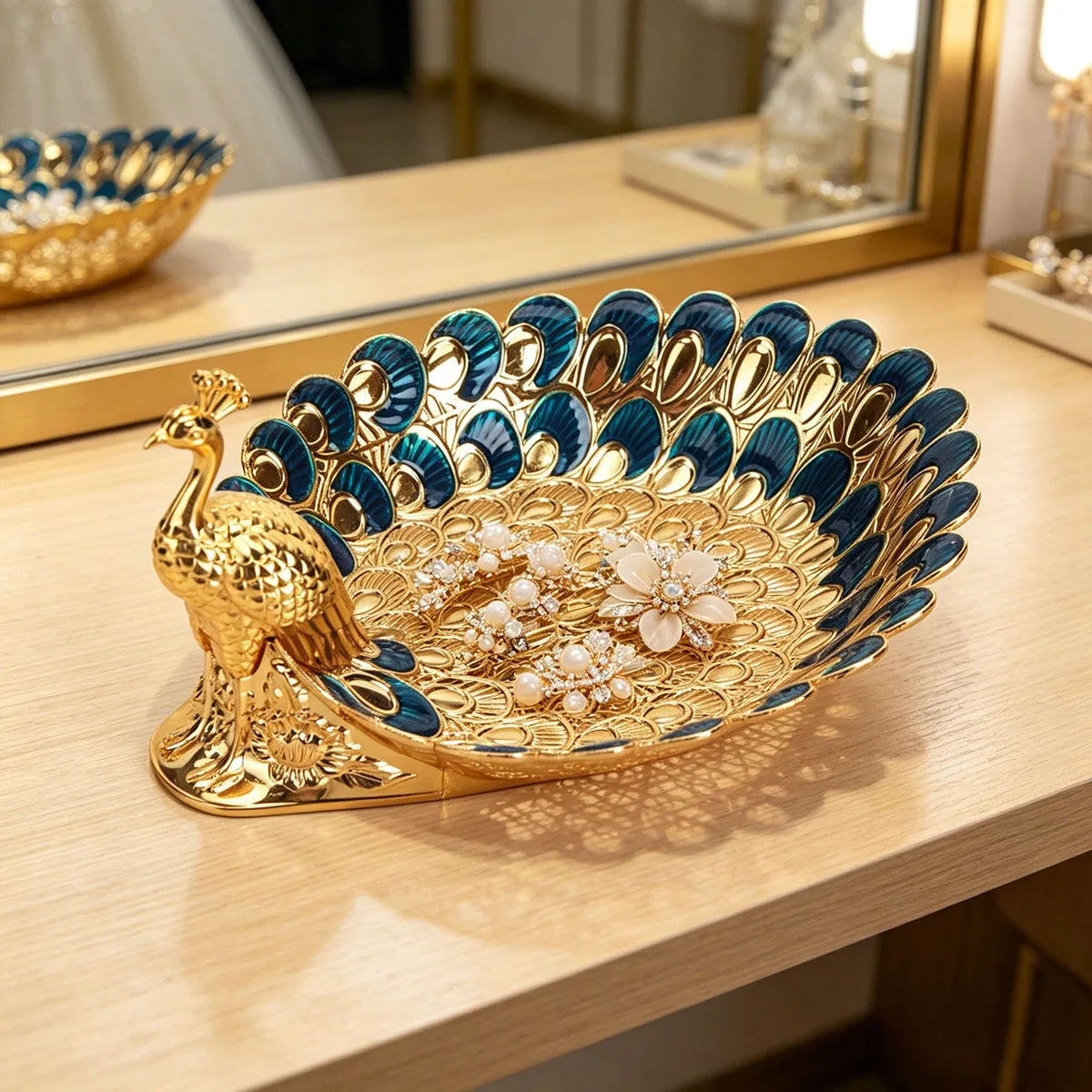 Golden Peacock Decorative Tray