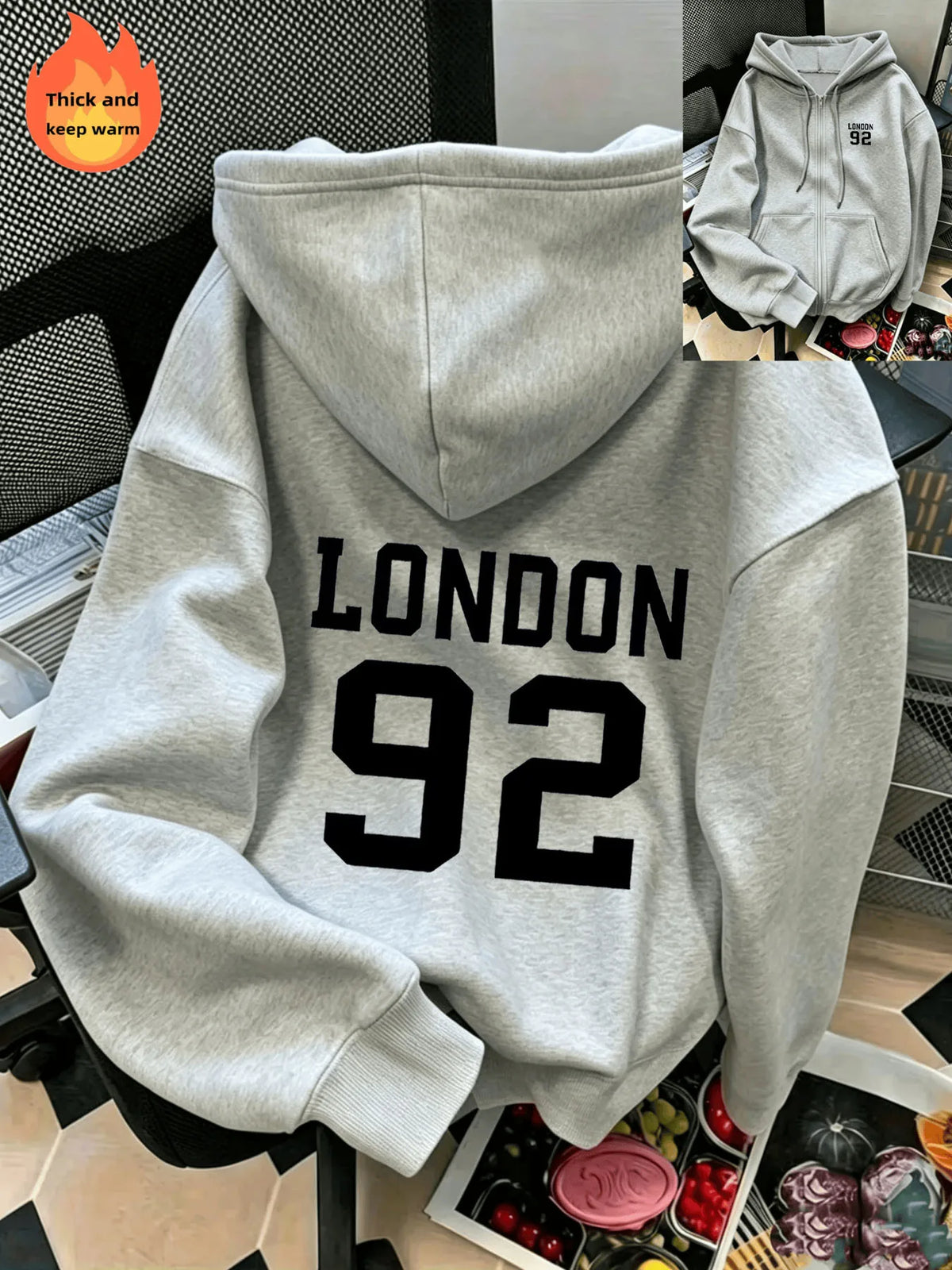 Letter-Printed Zip-Up Hoodie, Casual