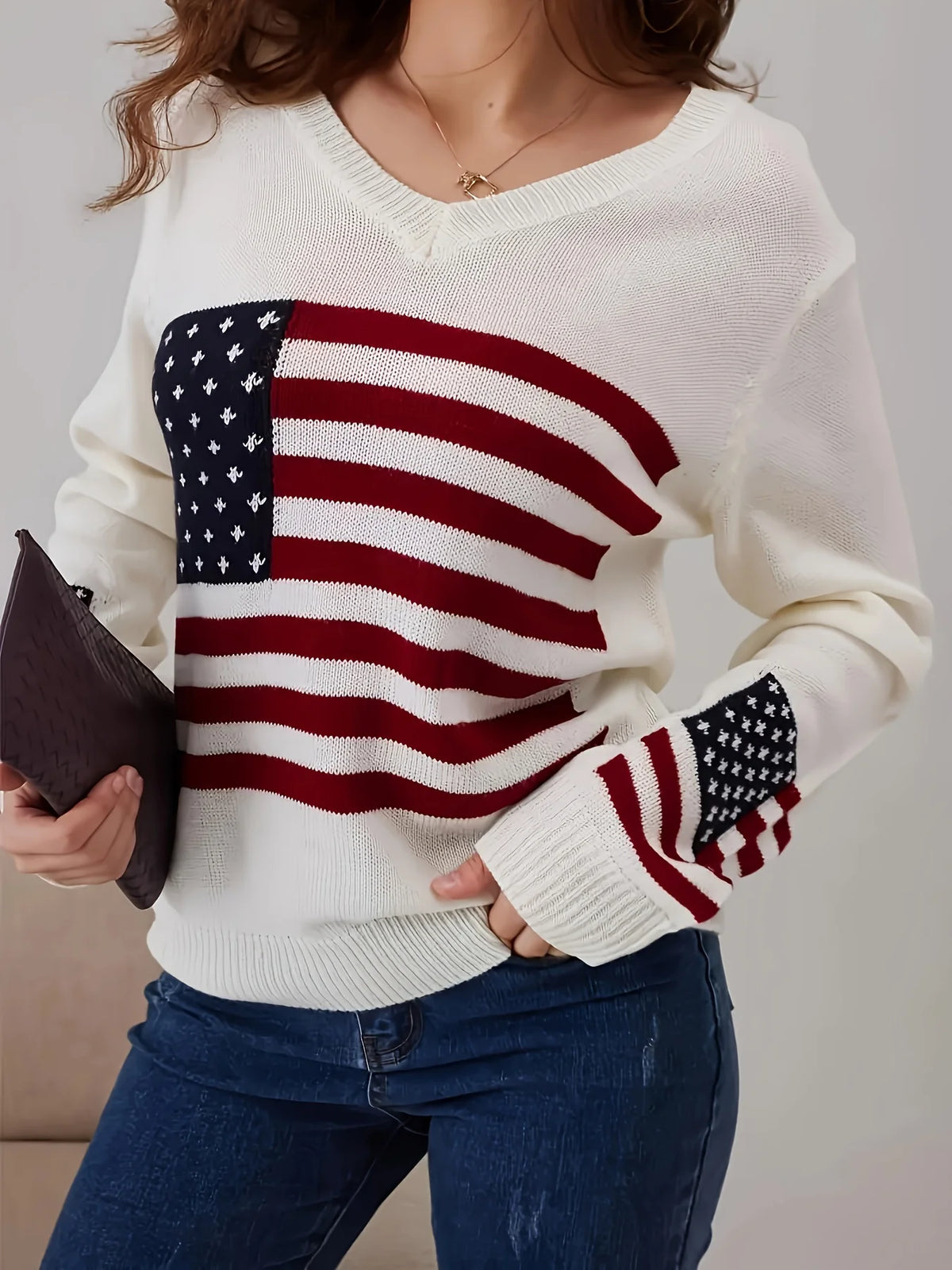 Women's American Flag V Neck Knit Sweater