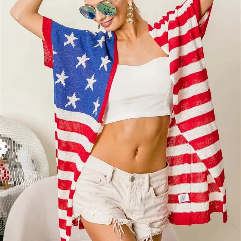 USA Patriotic Star Stripe Knit Short Sleeve Casual Outer