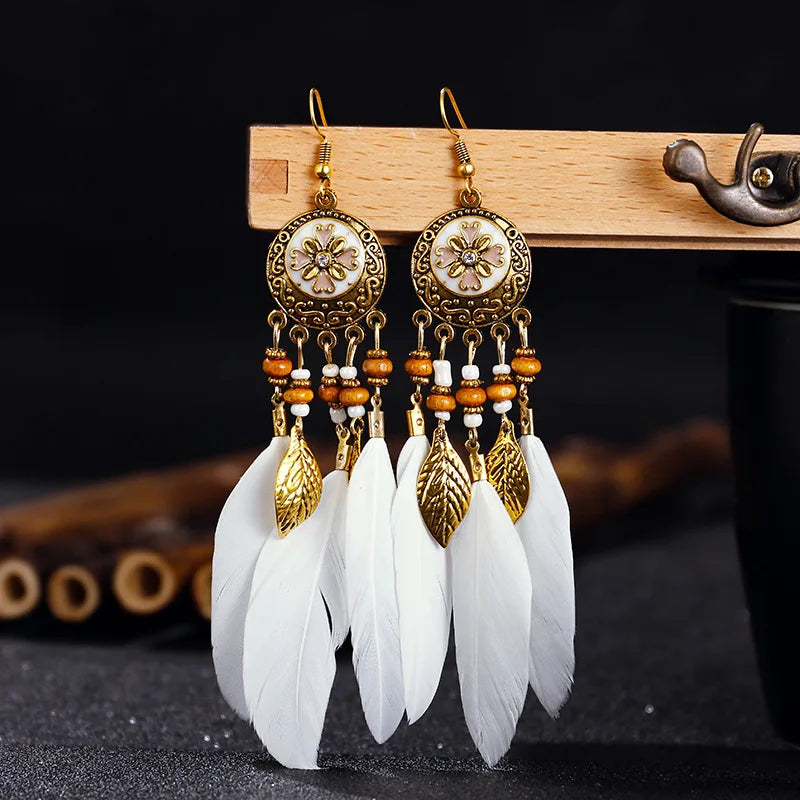 Native Vintage Jewelry Feather Tassel Long Earrings