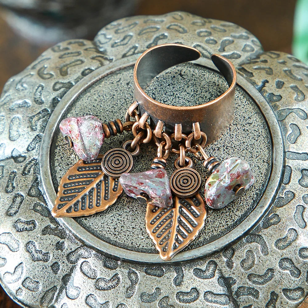 Ethnic Flower Feather Tassel Rings For Women Vintage Antique