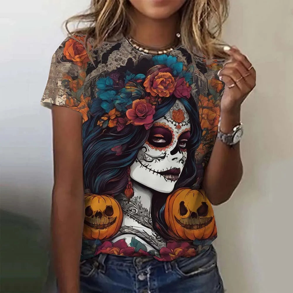 Fashion Women's T-shirt for Girls Short Sleeve Day of the Dead Undead Skull