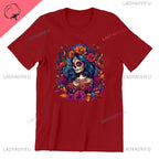 Skull T-Shirt La Catrina Girl with Purple Roses Dia De Los Muertos Day of The Dead