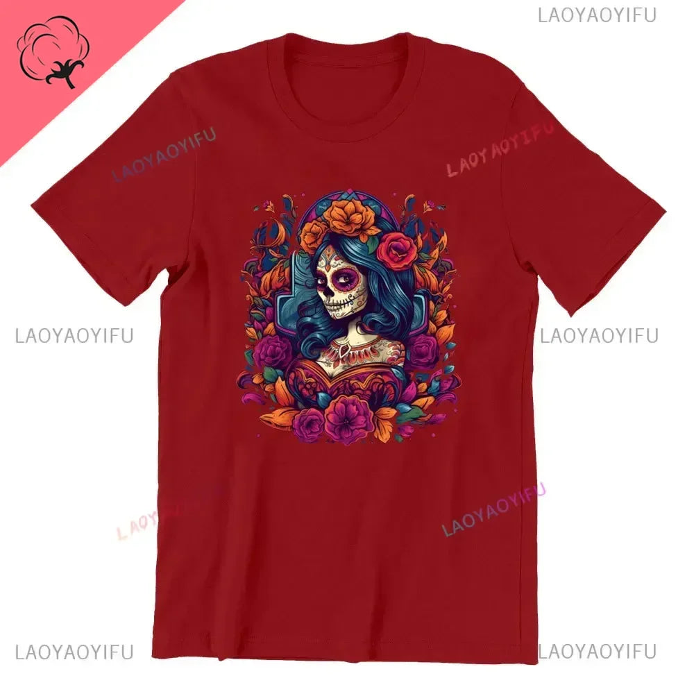 Skull T-Shirt La Catrina Girl with Purple Roses Dia De Los Muertos Day of The Dead