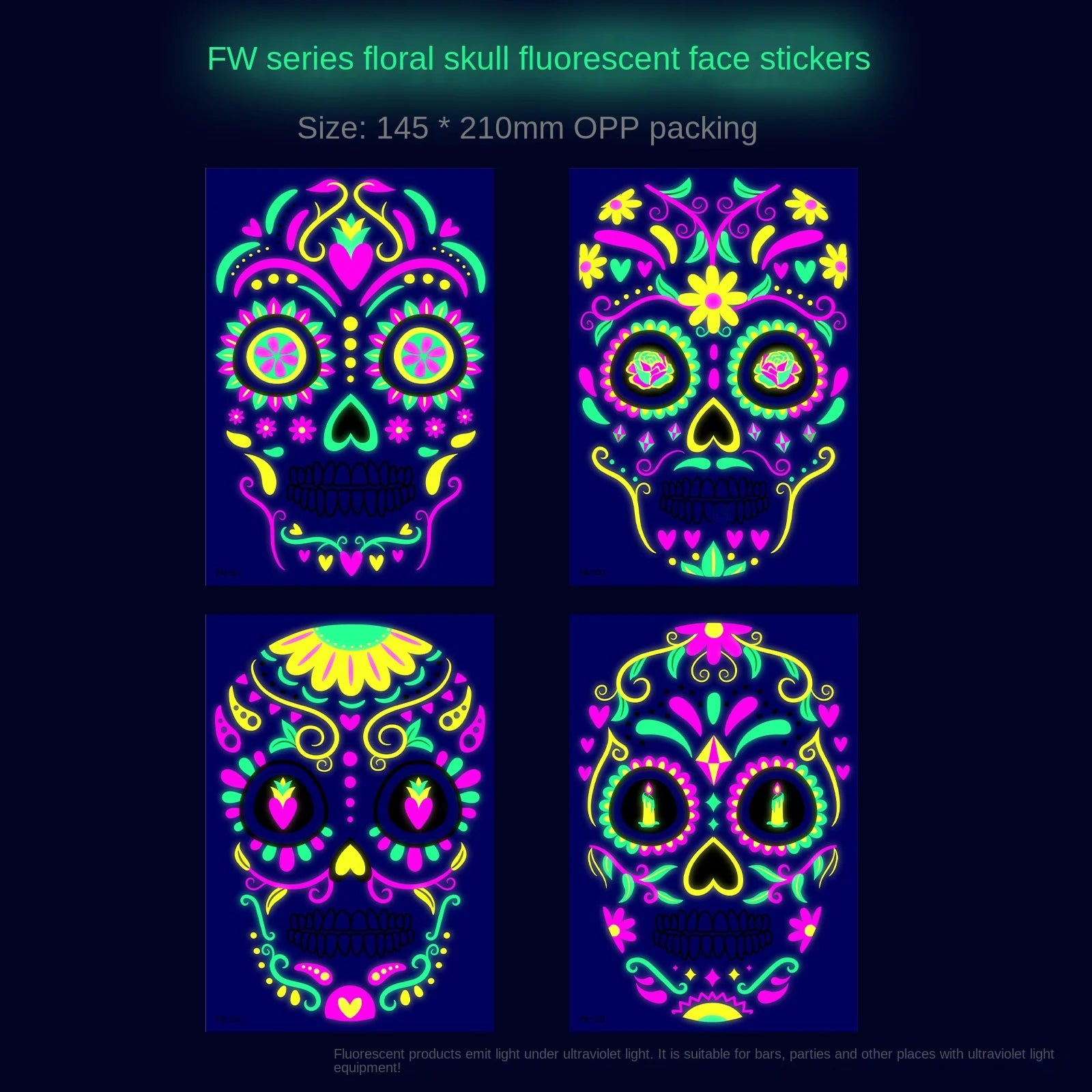 Waterproof Fluorescent Temporary Tattoo Stickers Day of the Dead