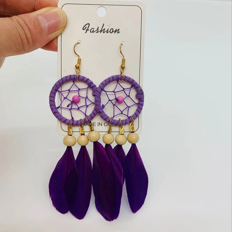 Natural Wood Coffee Feather Tassel Earrings