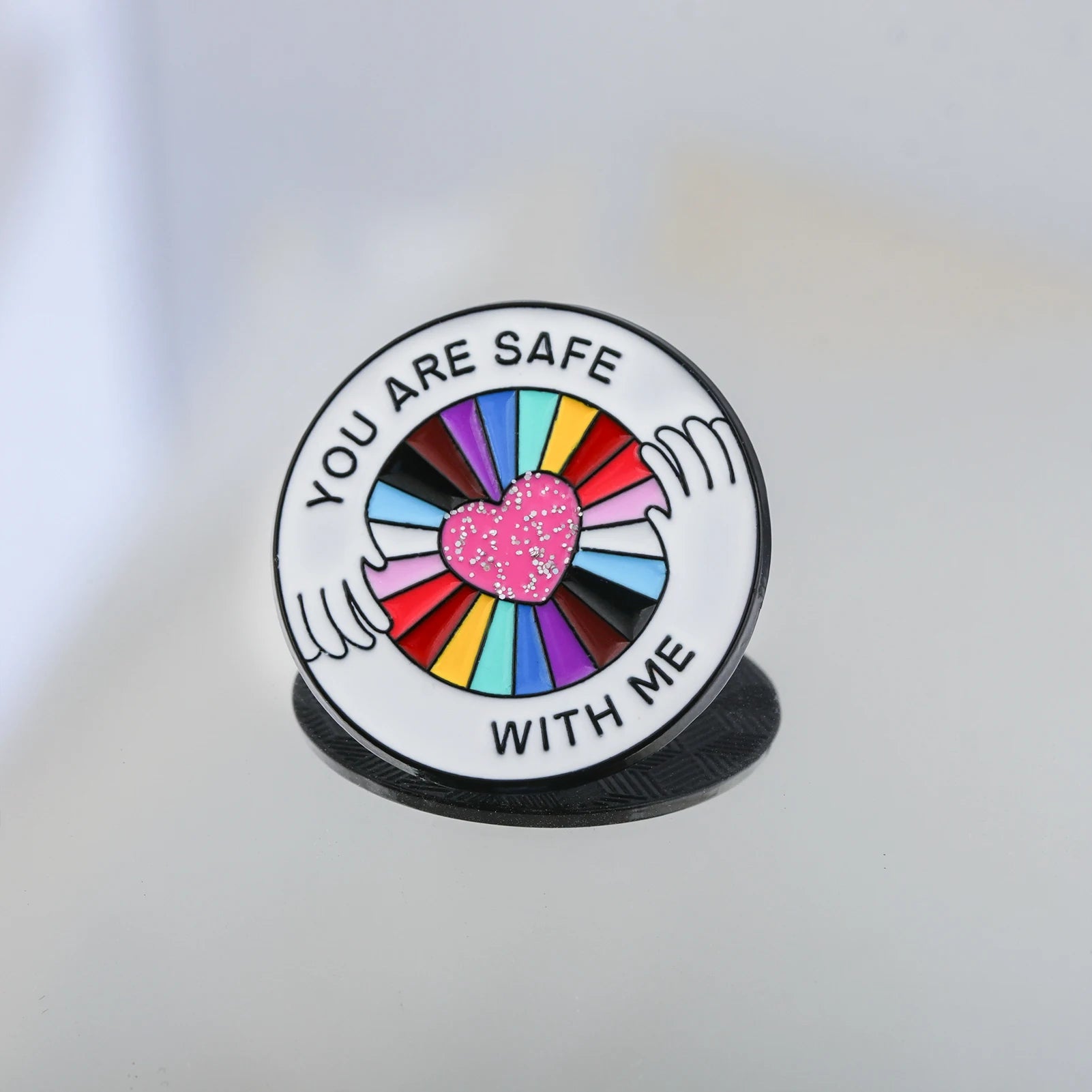 You Are Safe With Me Rainbow Glitter Heart Enamel Pin LGBTQ