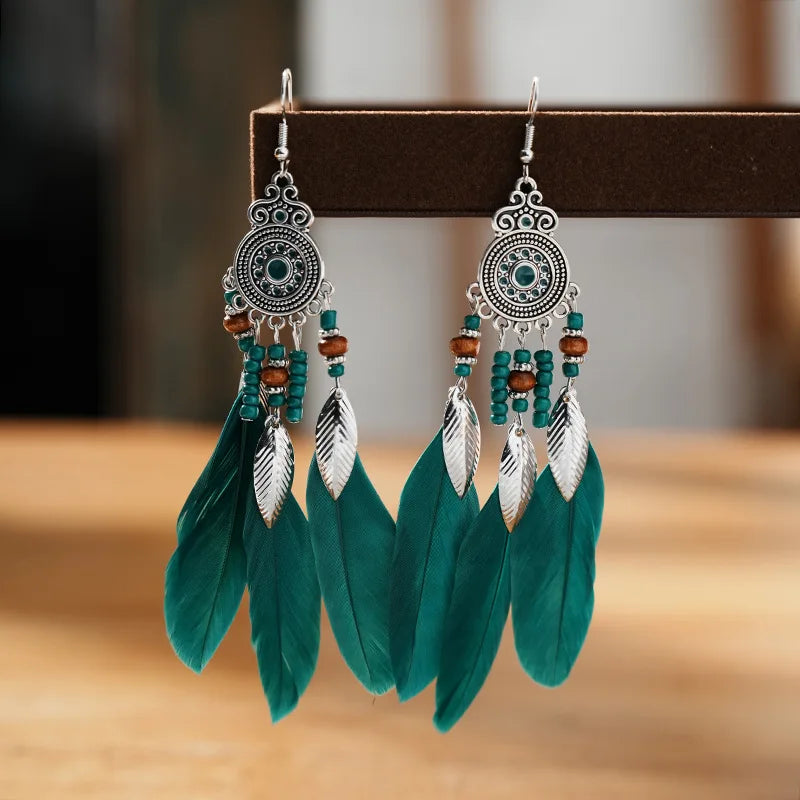 Ethnic Long Tassels Feather Drop Earrings