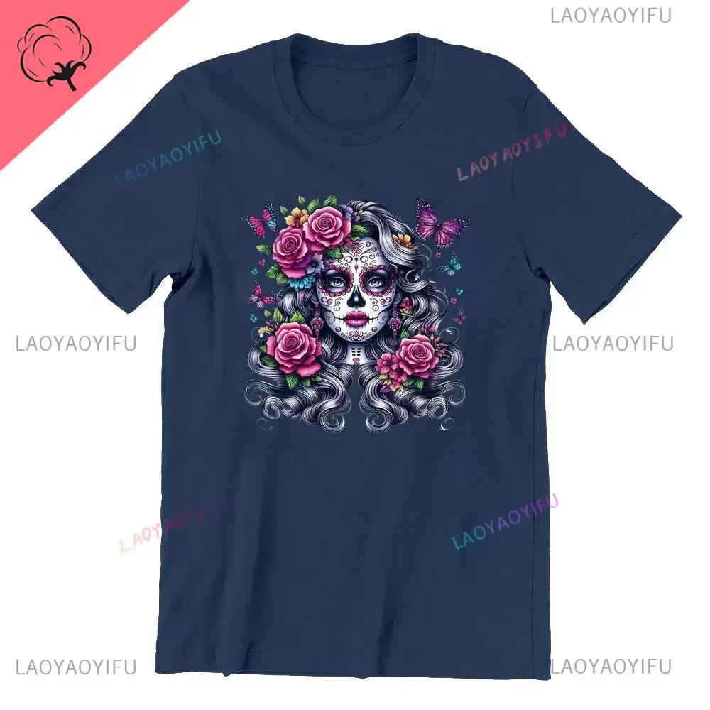 Skull T-Shirt La Catrina Girl with Purple Roses Dia De Los Muertos Day of The Dead