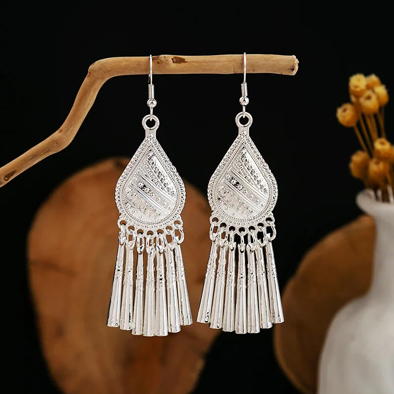 Ethnic Silver Color Long Leaf Dangle Earrings
