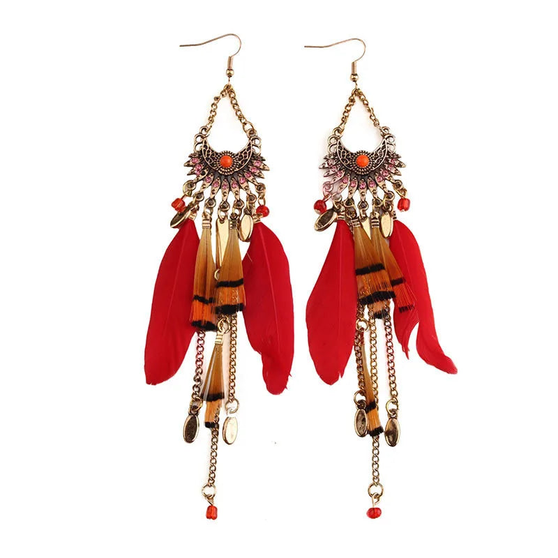 TopHanqi Bohemian Hollow Dream Catcher Leaf Feather Earrings
