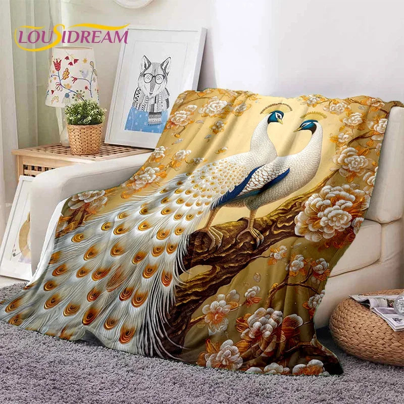 Cute Dream Birds Parrot Peacock Cartoon Soft Flannel Blanket