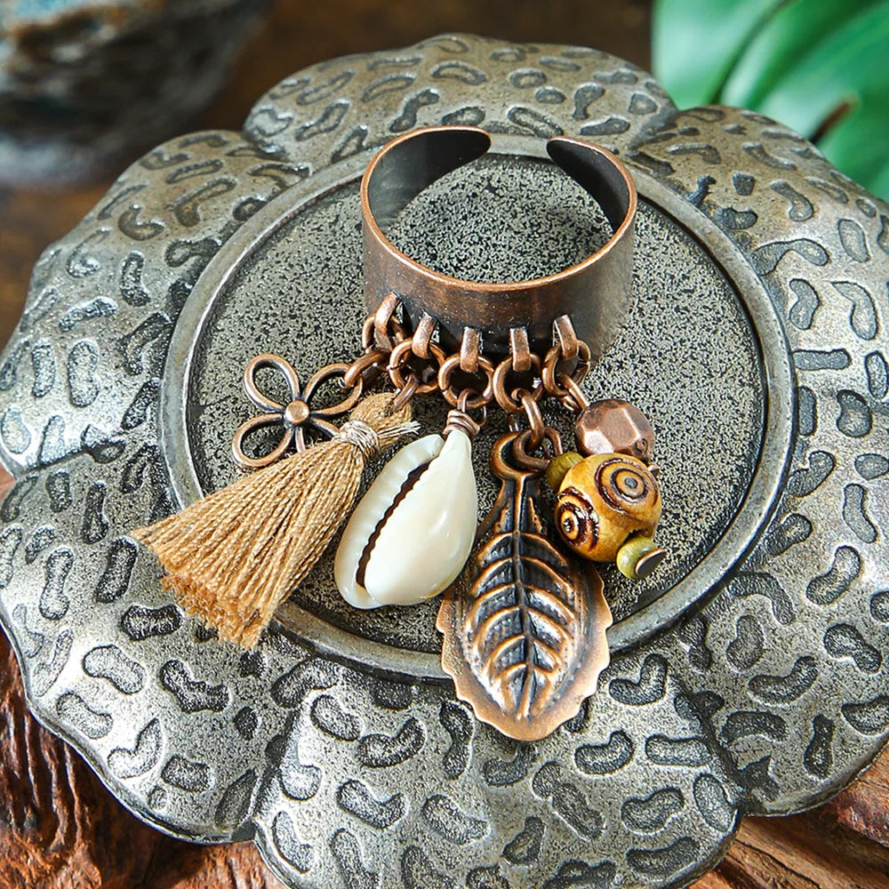 Ethnic Flower Feather Tassel Rings For Women Vintage Antique