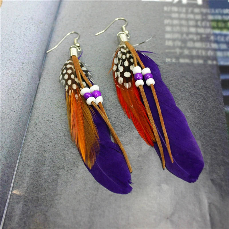 1Pair Tassel Dangling Earrings Colorful Feather Leather