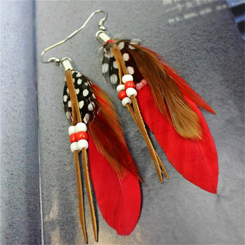 1Pair Tassel Dangling Earrings Colorful Feather Leather