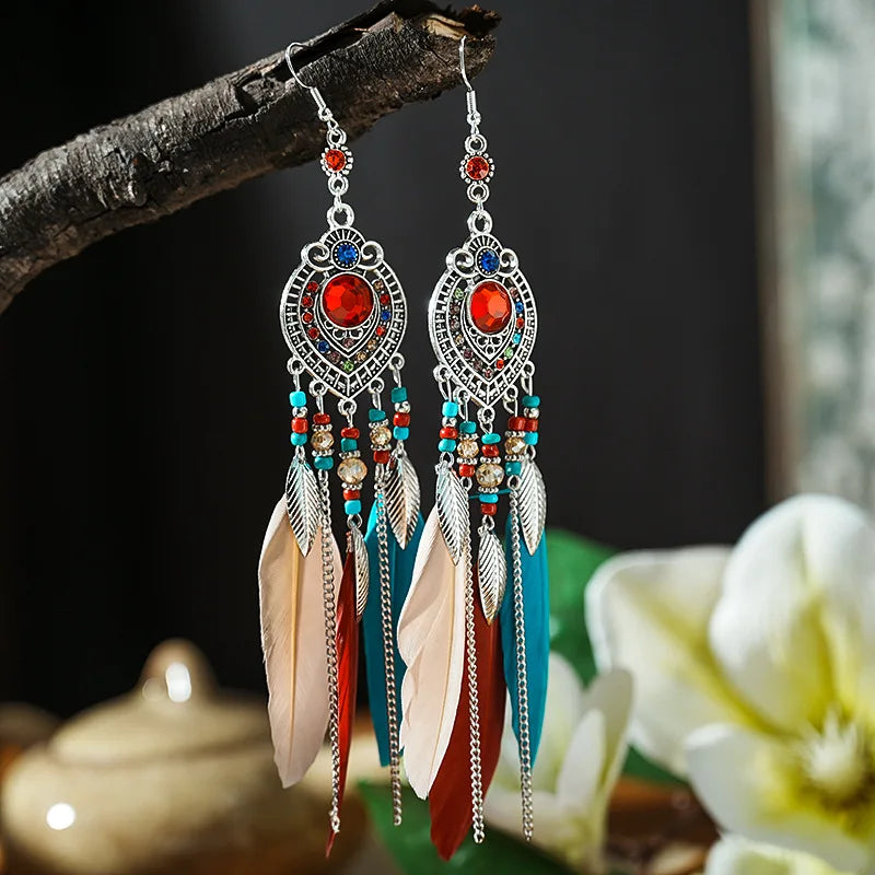 Feather Long Leaf Tassel Drop Earrings