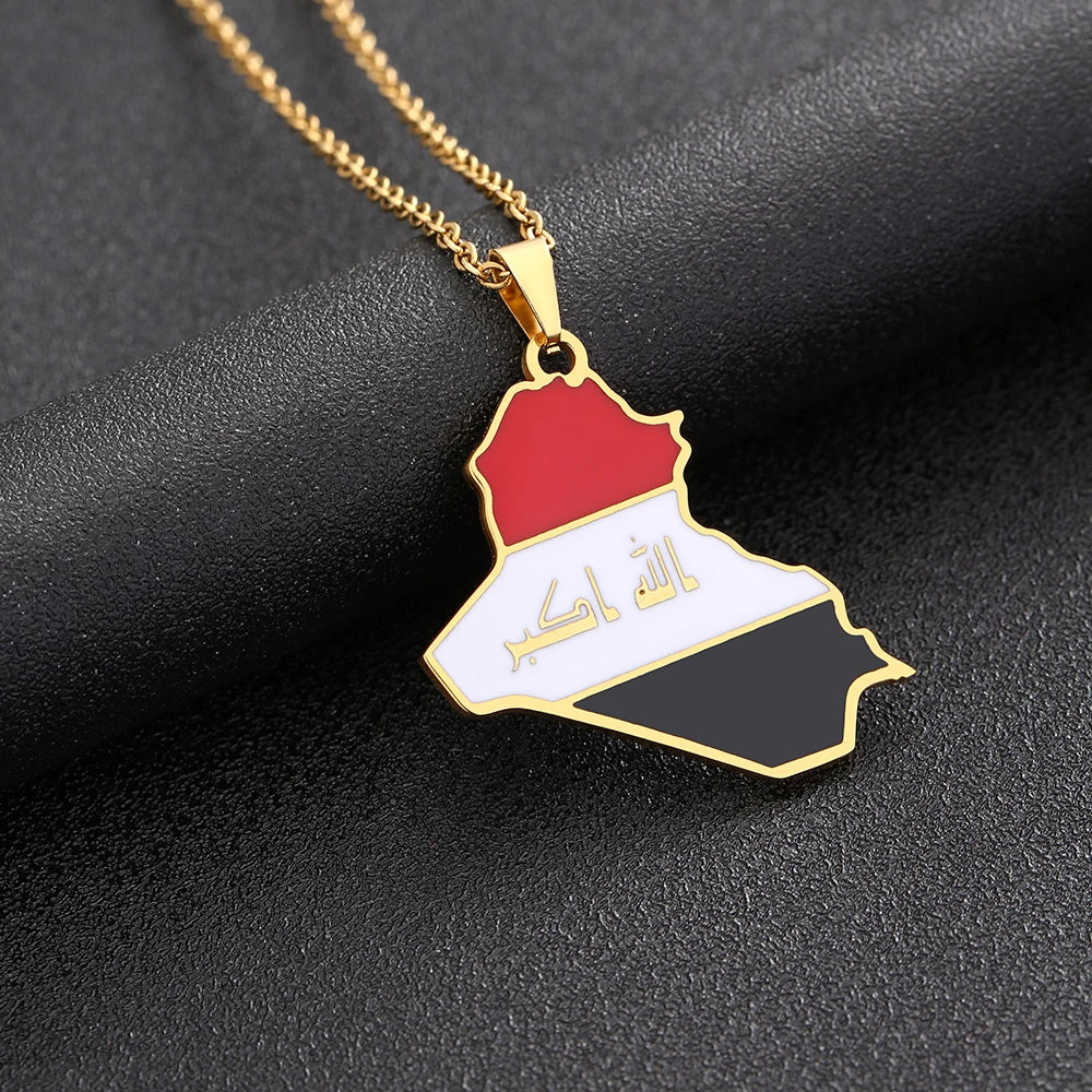 Republic of Iraq Map Flag Pendant Necklace