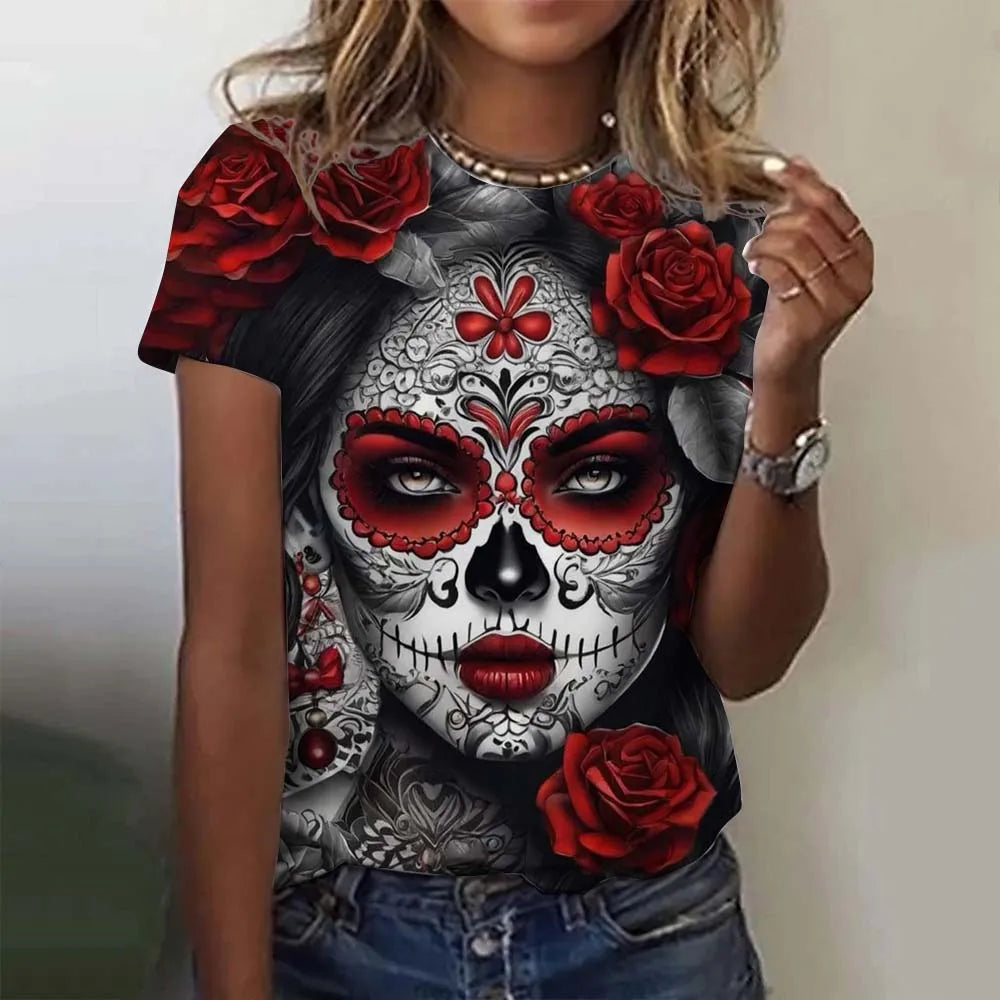 Fashion Women's T-shirt for Girls Short Sleeve Day of the Dead Undead Skull