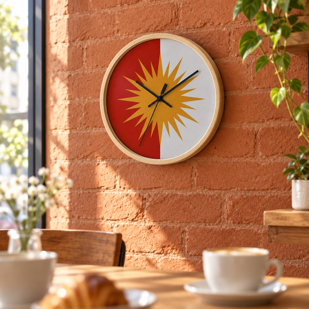 Sunburst clock in a bright cafe on a brick wall